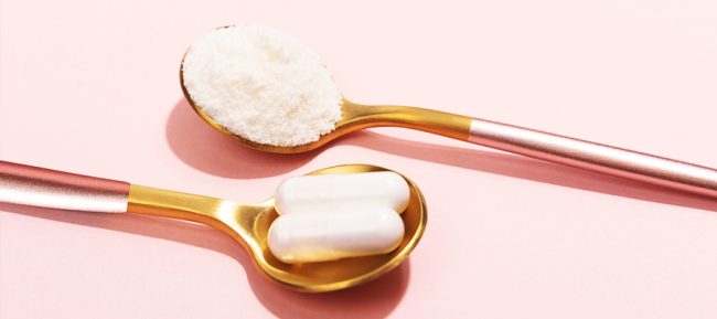 Collagen,Powder,And,Pills,On,Pink,Background.,Extra,Protein,Intake.